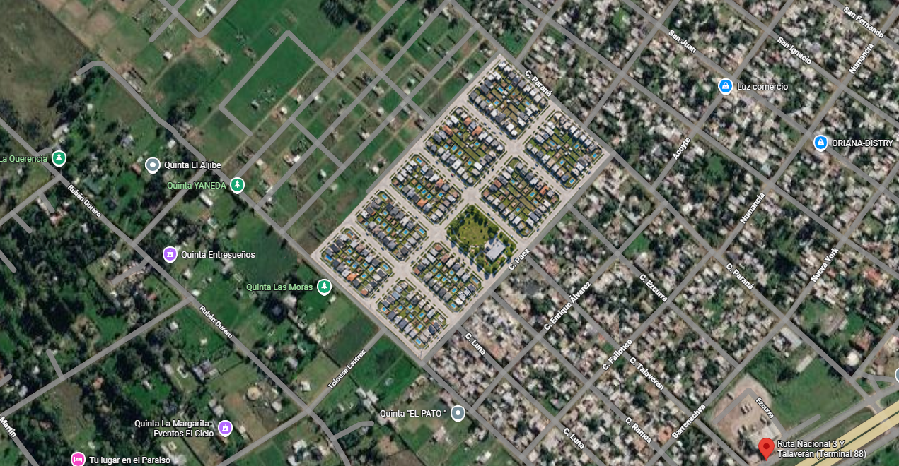 Vista aérea del barrio Aurora del Oeste sobre Marcos Paz